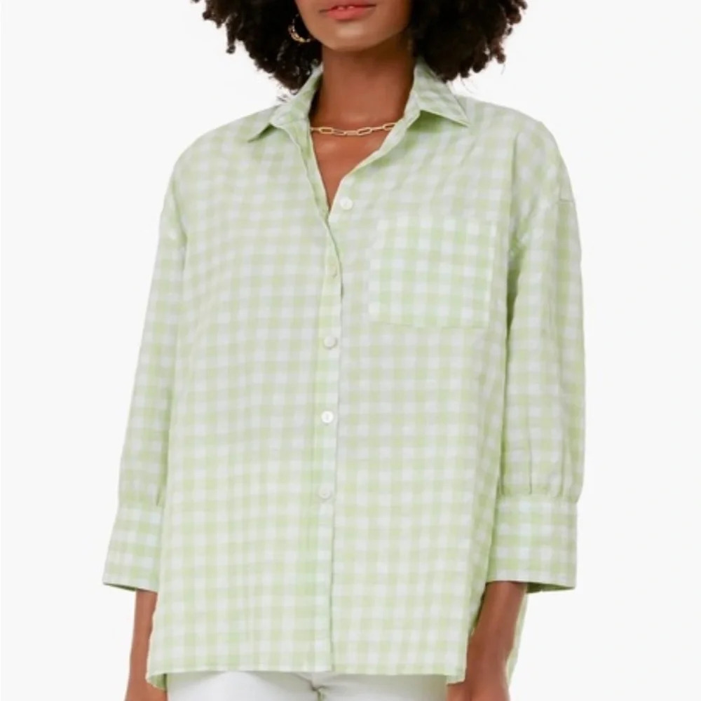 Pomander Place Green Gingham Plaid Adair Boyfriend Button Down Small